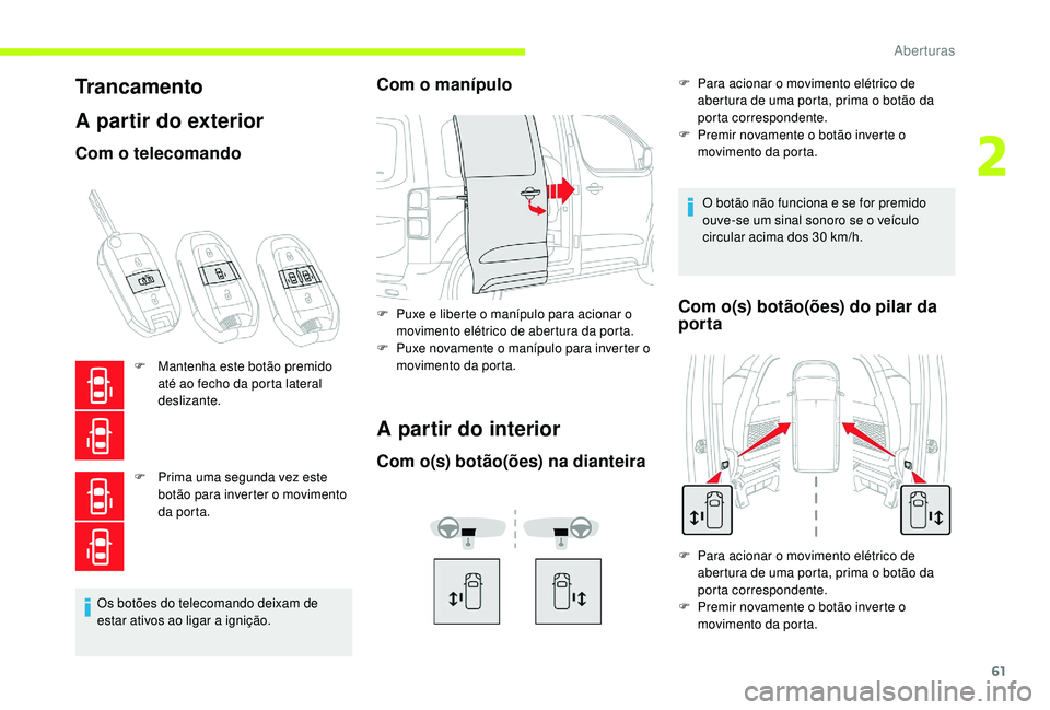 CITROEN JUMPER SPACETOURER 2018  Manual do condutor (in Portuguese) 61
Trancamento
A partir do exterior
Com o telecomando
F Mantenha este botão premido até ao fecho da porta lateral 
deslizante.
F
 
P
 rima uma segunda vez este 
botão para inverter o movimento 
da 