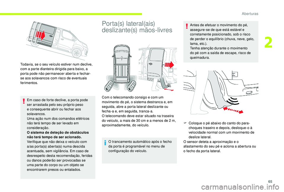 CITROEN JUMPER SPACETOURER 2018  Manual do condutor (in Portuguese) 65
Todavia, se o seu veículo estiver num declive, 
com a parte dianteira dirigida para baixo, a 
porta pode não permanecer aberta e fechar-
se aos solavancos com risco de eventuais 
ferimentos.Em ca