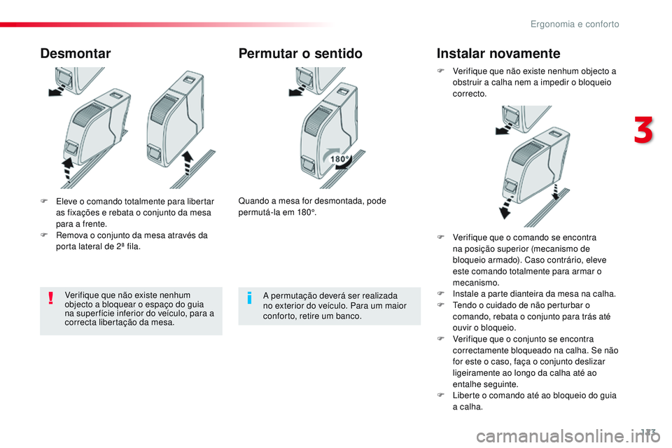CITROEN JUMPER SPACETOURER 2017 Manual do condutor (in Portuguese) 123
Spacetourer-VP_pt_Chap03_ergonomie-et-confort_ed01-2016
F Eleve o comando totalmente para libertar as fixações e rebata o conjunto da mesa
para a frente.
F
R
emova o conjunto da mesa atravé CITROEN JUMPER SPACETOURER 2017 Manual do condutor (in Portuguese) 123
Spacetourer-VP_pt_Chap03_ergonomie-et-confort_ed01-2016
F Eleve o comando totalmente para libertar as fixações e rebata o conjunto da mesa
para a frente.
F
R
emova o conjunto da mesa atravé