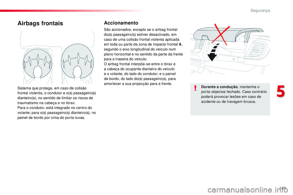 CITROEN JUMPER SPACETOURER 2017  Manual do condutor (in Portuguese) 169
Spacetourer-VP_pt_Chap05_securite_ed01-2016
Airbags frontaisAccionamento
São accionados, excepto se o airbag frontal 
do(s) passageiro(s) estiver desactivado, em 
caso de uma colisão frontal vio