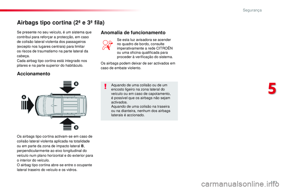 CITROEN JUMPER SPACETOURER 2017 Manual do condutor (in Portuguese) 171
Spacetourer-VP_pt_Chap05_securite_ed01-2016
Se presente no seu veículo, é um sistema que
contribui para reforçar a protecção, em caso
de colisão lateral violenta dos passageiros
(excepto CITROEN JUMPER SPACETOURER 2017 Manual do condutor (in Portuguese) 171
Spacetourer-VP_pt_Chap05_securite_ed01-2016
Se presente no seu veículo, é um sistema que
contribui para reforçar a protecção, em caso
de colisão lateral violenta dos passageiros
(excepto
