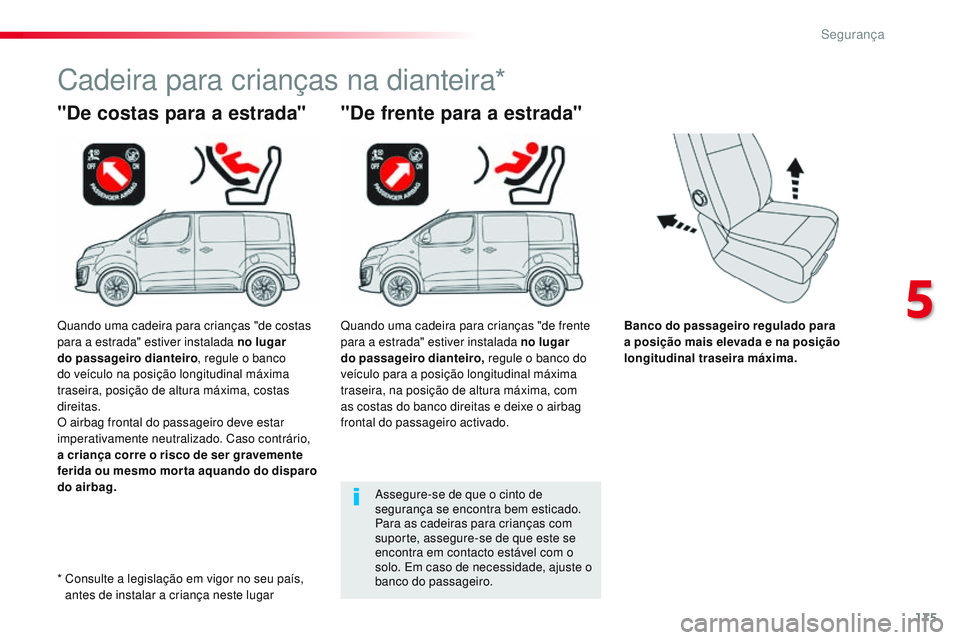 CITROEN JUMPER SPACETOURER 2017 Manual do condutor (in Portuguese) 175
Spacetourer-VP_pt_Chap05_securite_ed01-2016
Banco do passageiro regulado para
a posição mais elevada e na posição
longitudinal traseira máxima.
"De costas para a estrada"
Cadeira pa CITROEN JUMPER SPACETOURER 2017 Manual do condutor (in Portuguese) 175
Spacetourer-VP_pt_Chap05_securite_ed01-2016
Banco do passageiro regulado para
a posição mais elevada e na posição
longitudinal traseira máxima.
"De costas para a estrada"
Cadeira pa