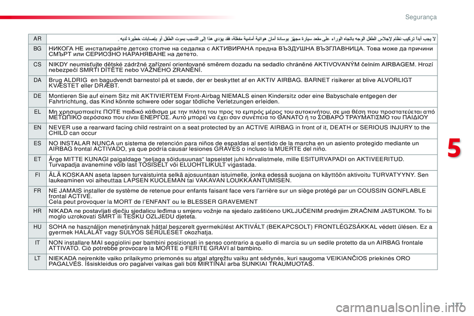 CITROEN JUMPER SPACETOURER 2017 Manual do condutor (in Portuguese) 177
AR
BG
НИКОГА НЕ инсталирайте детско столче на седалка с АКТИВИРАНА предна ВЪЗДУШНА ВЪЗГЛАВНИЦ А. Това може да CITROEN JUMPER SPACETOURER 2017 Manual do condutor (in Portuguese) 177
AR
BG
НИКОГА НЕ инсталирайте детско столче на седалка с АКТИВИРАНА предна ВЪЗДУШНА ВЪЗГЛАВНИЦ А. Това може да