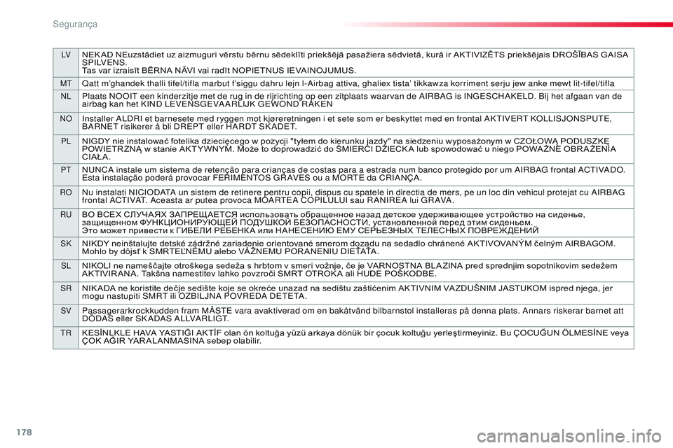 CITROEN JUMPER SPACETOURER 2017 Manual do condutor (in Portuguese) 178
LVNEK AD NEuzstādiet uz aizmuguri vērstu bērnu sēdeklīti priekšējā pasažiera sēdvietā, kurā ir AKTIVIZĒTS priekšējais DROŠĪBAS GAISA
S P I LV E N S .
Tas var izraisīt BĒRNA NĀ CITROEN JUMPER SPACETOURER 2017 Manual do condutor (in Portuguese) 178
LVNEK AD NEuzstādiet uz aizmuguri vērstu bērnu sēdeklīti priekšējā pasažiera sēdvietā, kurā ir AKTIVIZĒTS priekšējais DROŠĪBAS GAISA
S P I LV E N S .
Tas var izraisīt BĒRNA NĀ