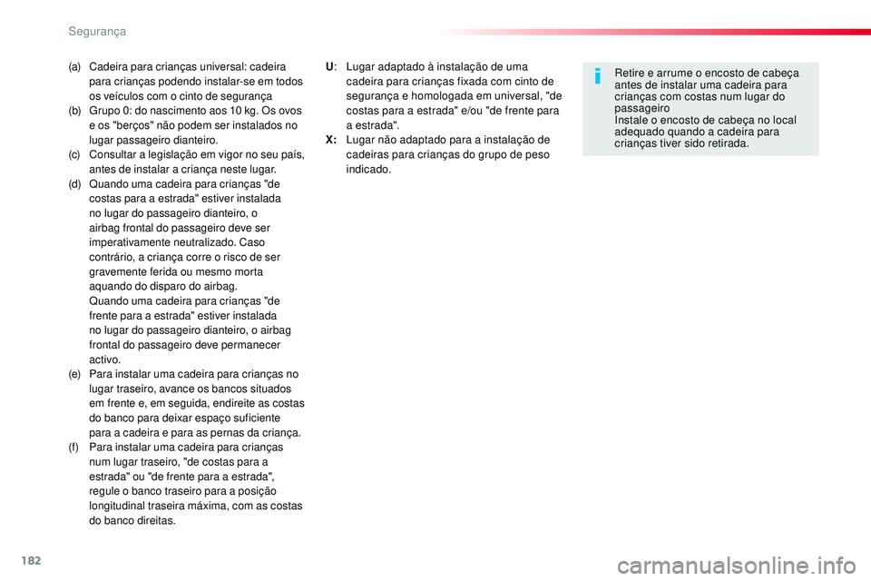 CITROEN JUMPER SPACETOURER 2017 Manual do condutor (in Portuguese) 182
Spacetourer-VP_pt_Chap05_securite_ed01-2016
(a) Cadeira para crianças universal: cadeira para crianças podendo instalar-se em todos
os veículos com o cinto de segurança
(b)
G
rupo 0: do CITROEN JUMPER SPACETOURER 2017 Manual do condutor (in Portuguese) 182
Spacetourer-VP_pt_Chap05_securite_ed01-2016
(a) Cadeira para crianças universal: cadeira para crianças podendo instalar-se em todos
os veículos com o cinto de segurança
(b)
G
rupo 0: do