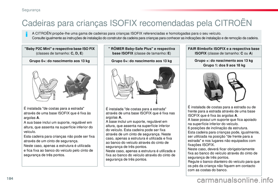 CITROEN JUMPER SPACETOURER 2017 Manual do condutor (in Portuguese) 184
Spacetourer-VP_pt_Chap05_securite_ed01-2016
Cadeiras para crianças ISOFIX recomendadas pela CITROËN
A CITROËN propõe-lhe uma gama de cadeiras para crianças ISOFIX referenciadas e homologadas CITROEN JUMPER SPACETOURER 2017 Manual do condutor (in Portuguese) 184
Spacetourer-VP_pt_Chap05_securite_ed01-2016
Cadeiras para crianças ISOFIX recomendadas pela CITROËN
A CITROËN propõe-lhe uma gama de cadeiras para crianças ISOFIX referenciadas e homologadas