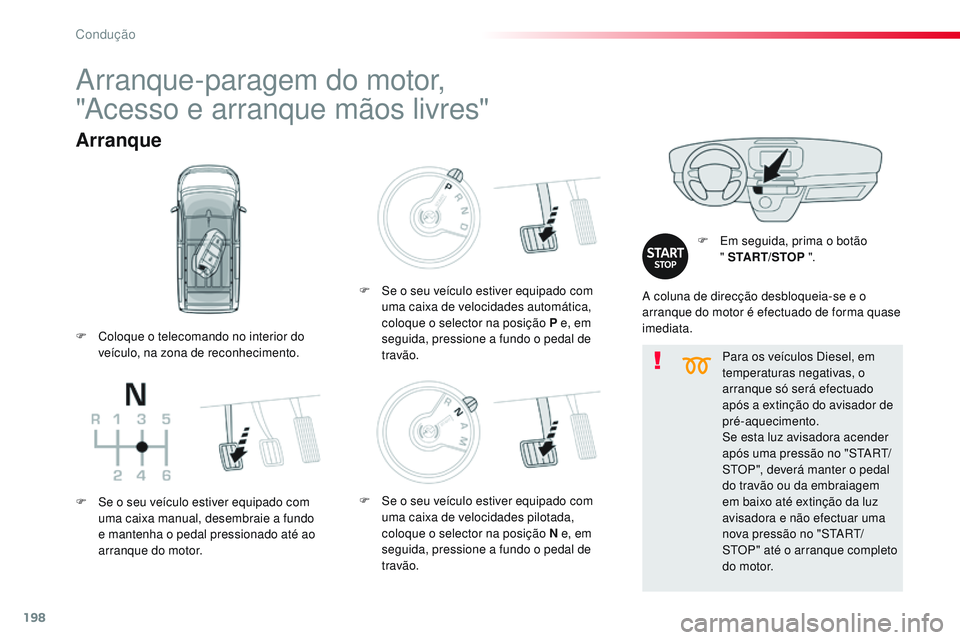 CITROEN JUMPER SPACETOURER 2017  Manual do condutor (in Portuguese) 198
Spacetourer-VP_pt_Chap06_conduite_ed01-2016
Para os veículos Diesel, em 
temperaturas negativas, o 
arranque só será efectuado 
após a extinção do avisador de 
pré-aquecimento.
Se esta luz 