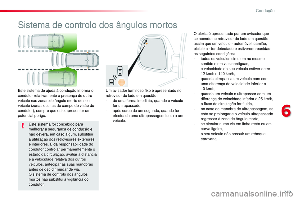 CITROEN JUMPER SPACETOURER 2017  Manual do condutor (in Portuguese) 249
Spacetourer-VP_pt_Chap06_conduite_ed01-2016
Sistema de controlo dos ângulos mortos
Um avisador luminoso fixo é apresentado no 
retrovisor do lado em questão:
- 
d
 e uma forma imediata, quando 