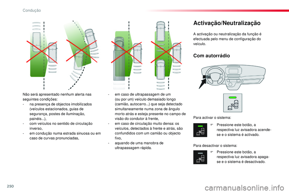 CITROEN JUMPER SPACETOURER 2017  Manual do condutor (in Portuguese) 250
Spacetourer-VP_pt_Chap06_conduite_ed01-2016
Não será apresentado nenhum alerta nas 
seguintes condições:
- 
n
 a presença de objectos imobilizados 
(veículos estacionados, guias de 
seguran