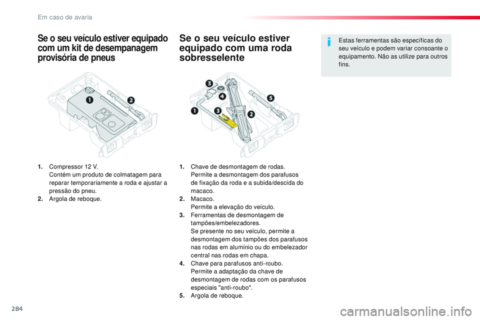 CITROEN JUMPER SPACETOURER 2017  Manual do condutor (in Portuguese) 284
Spacetourer-VP_pt_Chap08_En-cas-de-panne_ed01-2016
Se o seu veículo estiver equipado 
com um kit de desempanagem 
provisória de pneus
1. Compressor 12  V. C
ontém um produto de colmatagem para 