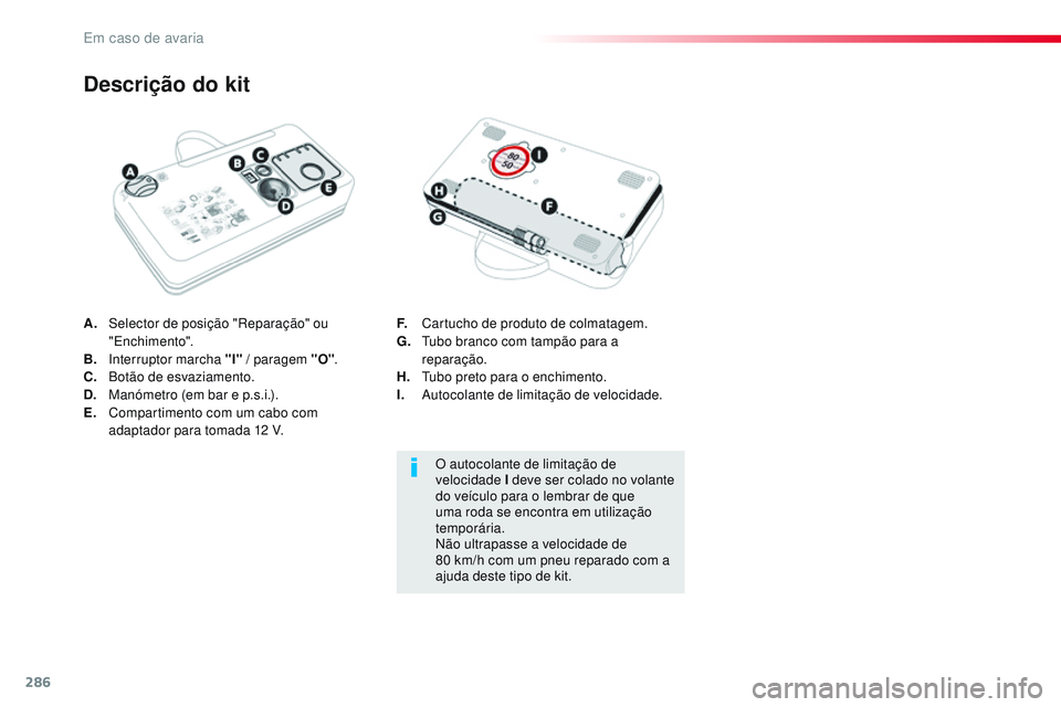 CITROEN JUMPER SPACETOURER 2017  Manual do condutor (in Portuguese) 286
Spacetourer-VP_pt_Chap08_En-cas-de-panne_ed01-2016
A. Selector de posição "Reparação" ou "Enchimento".
B.
 I

nterruptor marcha "I"  / paragem "O".
C.
 B

otão