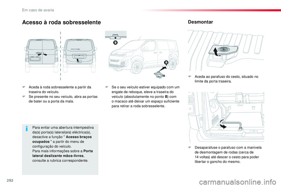 CITROEN JUMPER SPACETOURER 2017  Manual do condutor (in Portuguese) 292
Spacetourer-VP_pt_Chap08_En-cas-de-panne_ed01-2016
F Aceda à roda sobresselente a partir da traseira do veículo.
F
 
S
 e presente no seu veículo, abra as portas 
de bater ou a porta da mala. F