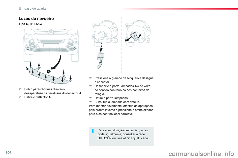 CITROEN JUMPER SPACETOURER 2017  Manual do condutor (in Portuguese) 304
Spacetourer-VP_pt_Chap08_En-cas-de-panne_ed01-2016
Luzes de nevoeiro
Tipo C,  H11 - 5 5 W
F  
P
 ressione o grampo de bloqueio e desligue 
o conector.
F
 
D
 esaperte o porta-lâmpadas 1/4   de vo