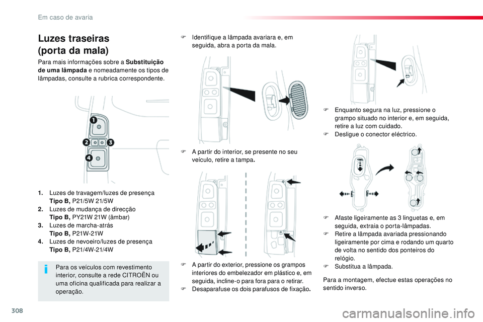 CITROEN JUMPER SPACETOURER 2017  Manual do condutor (in Portuguese) 308
Spacetourer-VP_pt_Chap08_En-cas-de-panne_ed01-2016
Luzes traseiras
(porta da mala)
Para mais informações sobre a Substituição 
de uma lâmpada e nomeadamente os tipos de 
lâmpadas, consulte a