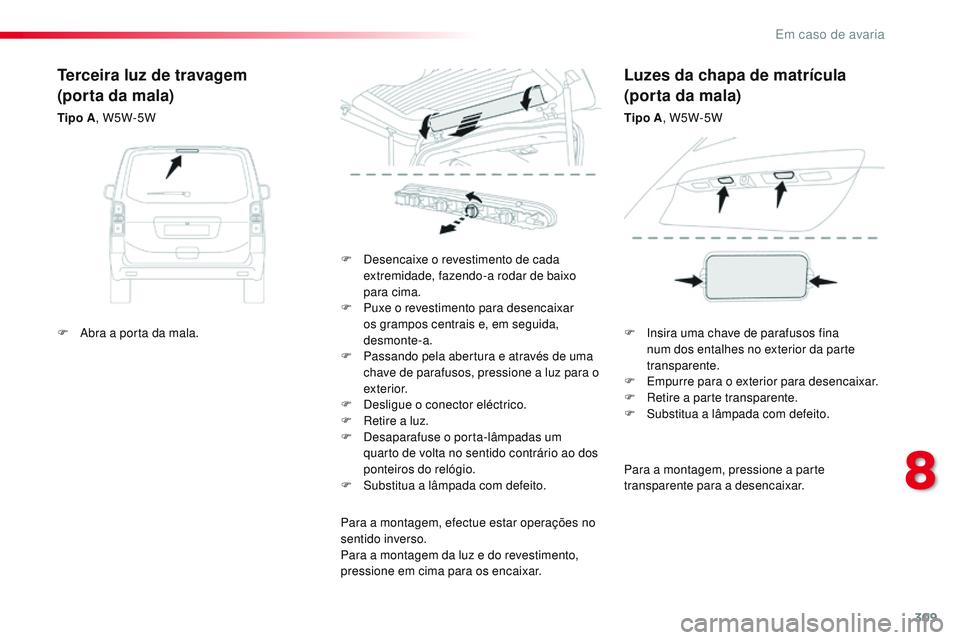 CITROEN JUMPER SPACETOURER 2017  Manual do condutor (in Portuguese) 309
Spacetourer-VP_pt_Chap08_En-cas-de-panne_ed01-2016
Para a montagem, pressione a parte 
transparente para a desencaixar.
F
 
D

esencaixe o revestimento de cada 
extremidade, fazendo-a rodar de bai