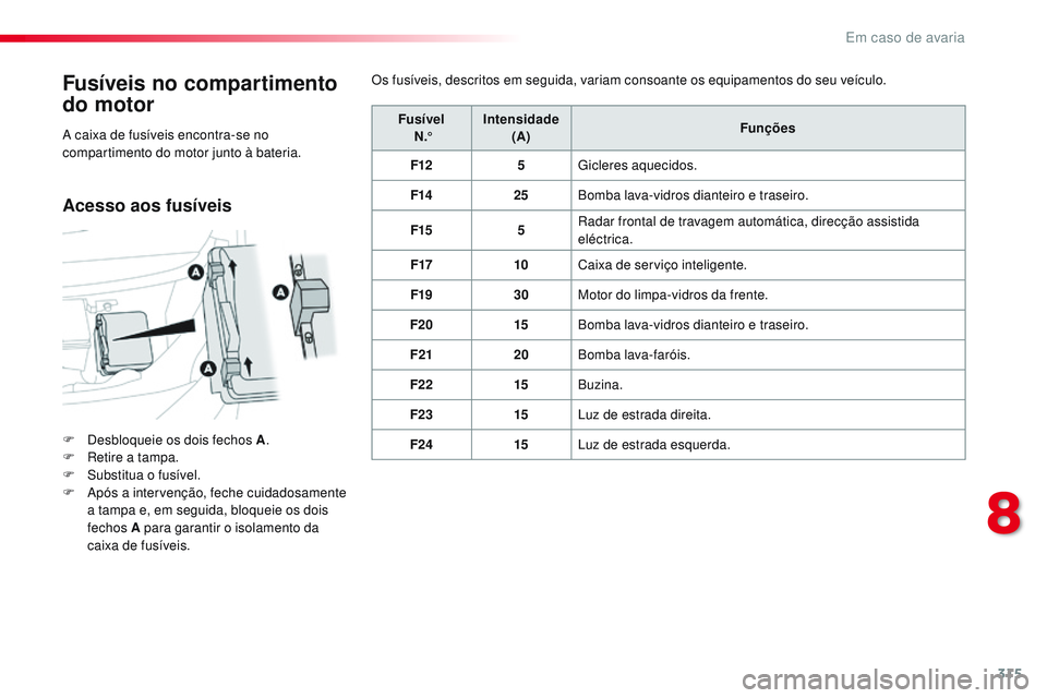 CITROEN JUMPER SPACETOURER 2017 Manual do condutor (in Portuguese) 315
Spacetourer-VP_pt_Chap08_En-cas-de-panne_ed01-2016
FusÃveis no compartimento
do motor
F Desbloqueie os dois fechos A.
F R etire a tampa.
F
S
ubstitua o fusÃvel.
F
A
pós a intervenção, CITROEN JUMPER SPACETOURER 2017 Manual do condutor (in Portuguese) 315
Spacetourer-VP_pt_Chap08_En-cas-de-panne_ed01-2016
FusÃveis no compartimento
do motor
F Desbloqueie os dois fechos A.
F R etire a tampa.
F
S
ubstitua o fusÃvel.
F
A
pós a intervenção,