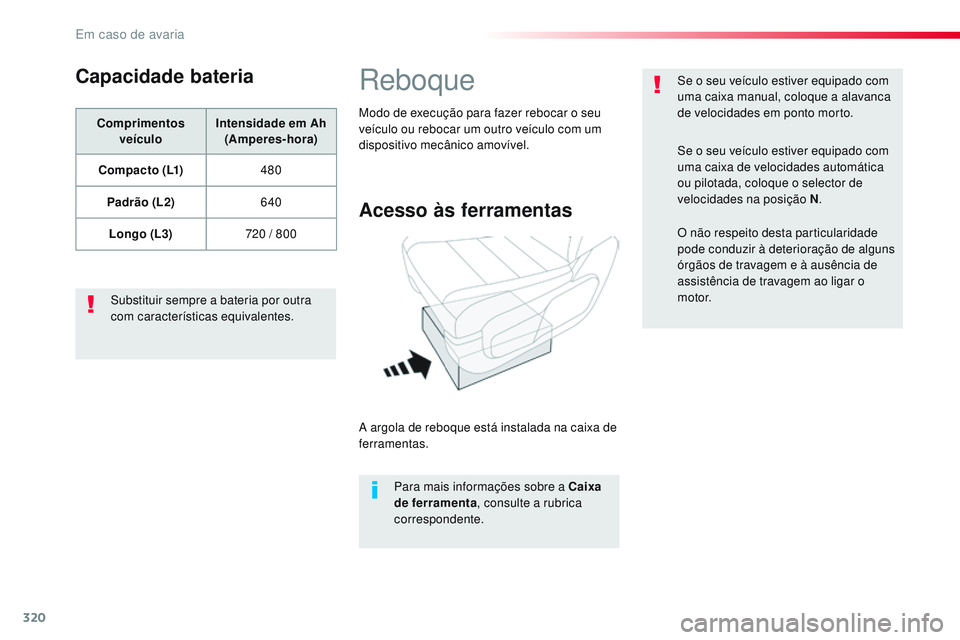 CITROEN JUMPER SPACETOURER 2017 Manual do condutor (in Portuguese) 320
Spacetourer-VP_pt_Chap08_En-cas-de-panne_ed01-2016
Capacidade bateria
Comprimentos veículo Intensidade
em Ah
(Amperes-hora)
C o m p a c t o ( L1) 480
Padrão (L2) 640
Longo (L3) 720
/ 800
Su CITROEN JUMPER SPACETOURER 2017 Manual do condutor (in Portuguese) 320
Spacetourer-VP_pt_Chap08_En-cas-de-panne_ed01-2016
Capacidade bateria
Comprimentos veículo Intensidade
em Ah
(Amperes-hora)
C o m p a c t o ( L1) 480
Padrão (L2) 640
Longo (L3) 720
/ 800
Su