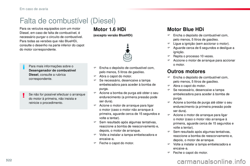 CITROEN JUMPER SPACETOURER 2017 Manual do condutor (in Portuguese) 322
Spacetourer-VP_pt_Chap08_En-cas-de-panne_ed01-2016
Para os veículos equipados com um motor
Diesel, em caso de falta de combustível, é
necessário purgar o circuito de combustível.
Para todas CITROEN JUMPER SPACETOURER 2017 Manual do condutor (in Portuguese) 322
Spacetourer-VP_pt_Chap08_En-cas-de-panne_ed01-2016
Para os veículos equipados com um motor
Diesel, em caso de falta de combustível, é
necessário purgar o circuito de combustível.
Para todas