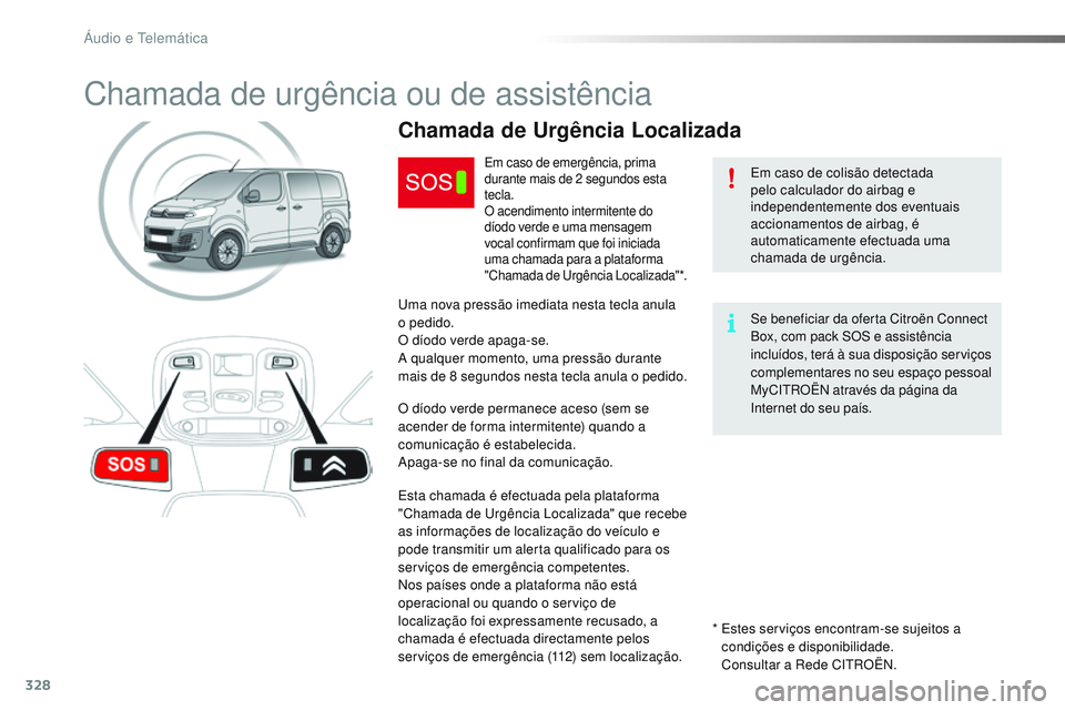 CITROEN JUMPER SPACETOURER 2017 Manual do condutor (in Portuguese) 328
Spacetourer-VP_pt_Chap10a_BTA_ed01-2016
Chamada de urgência ou de assistência
Em caso de colisão detectada
pelo calculador do airbag e
independentemente dos eventuais
accionamentos de airbag CITROEN JUMPER SPACETOURER 2017 Manual do condutor (in Portuguese) 328
Spacetourer-VP_pt_Chap10a_BTA_ed01-2016
Chamada de urgência ou de assistência
Em caso de colisão detectada
pelo calculador do airbag e
independentemente dos eventuais
accionamentos de airbag