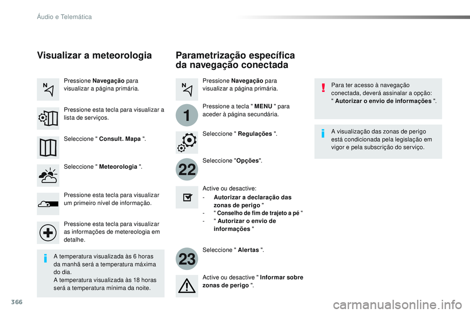 CITROEN JUMPER SPACETOURER 2017 Manual do condutor (in Portuguese) 366
22
23
1
Spacetourer-VP_pt_Chap10b_NAC-1_ed01-2016
Parametrização específica
da navegação conectada
Para ter acesso à navegação
conectada, deverá assinalar a opção:
" Autorizar o CITROEN JUMPER SPACETOURER 2017 Manual do condutor (in Portuguese) 366
22
23
1
Spacetourer-VP_pt_Chap10b_NAC-1_ed01-2016
Parametrização específica
da navegação conectada
Para ter acesso à navegação
conectada, deverá assinalar a opção:
" Autorizar o