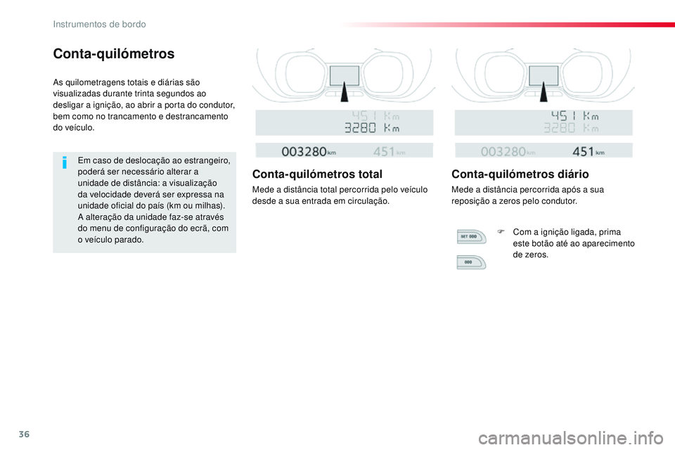 CITROEN JUMPER SPACETOURER 2017 Manual do condutor (in Portuguese) 36
Conta-quilómetros
As quilometragens totais e diárias são
visualizadas durante trinta segundos ao
desligar a ignição, ao abrir a porta do condutor,
bem como no trancamento e destrancamento
CITROEN JUMPER SPACETOURER 2017 Manual do condutor (in Portuguese) 36
Conta-quilómetros
As quilometragens totais e diárias são
visualizadas durante trinta segundos ao
desligar a ignição, ao abrir a porta do condutor,
bem como no trancamento e destrancamento