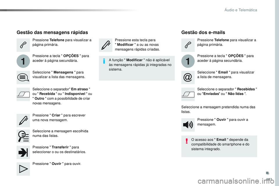 CITROEN JUMPER SPACETOURER 2017 Manual do condutor (in Portuguese) 401
11
Spacetourer-VP_pt_Chap10b_NAC-1_ed01-2016
Gestão dos e-mails
Pressione esta tecla para
" Modificar " a ou as novas
mensagens rápidas criadas. Pressione Telefone
para visualizar a CITROEN JUMPER SPACETOURER 2017 Manual do condutor (in Portuguese) 401
11
Spacetourer-VP_pt_Chap10b_NAC-1_ed01-2016
Gestão dos e-mails
Pressione esta tecla para
" Modificar " a ou as novas
mensagens rápidas criadas. Pressione Telefone
para visualizar a