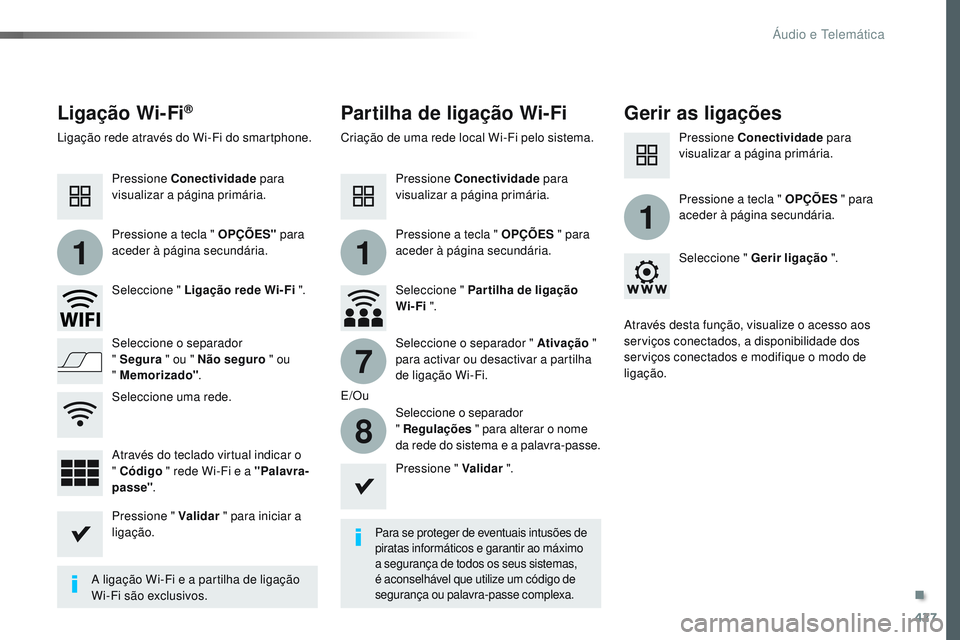 CITROEN JUMPER SPACETOURER 2017 Manual do condutor (in Portuguese) 427
11
1
7
8
Spacetourer-VP_pt_Chap10c_RCC-1_ed01-2016
Ligação Wi-Fi®Partilha de ligação Wi-FiGerir as ligações
Para se proteger de eventuais intusões de
piratas informáticos e garantir ao m CITROEN JUMPER SPACETOURER 2017 Manual do condutor (in Portuguese) 427
11
1
7
8
Spacetourer-VP_pt_Chap10c_RCC-1_ed01-2016
Ligação Wi-Fi®Partilha de ligação Wi-FiGerir as ligações
Para se proteger de eventuais intusões de
piratas informáticos e garantir ao m