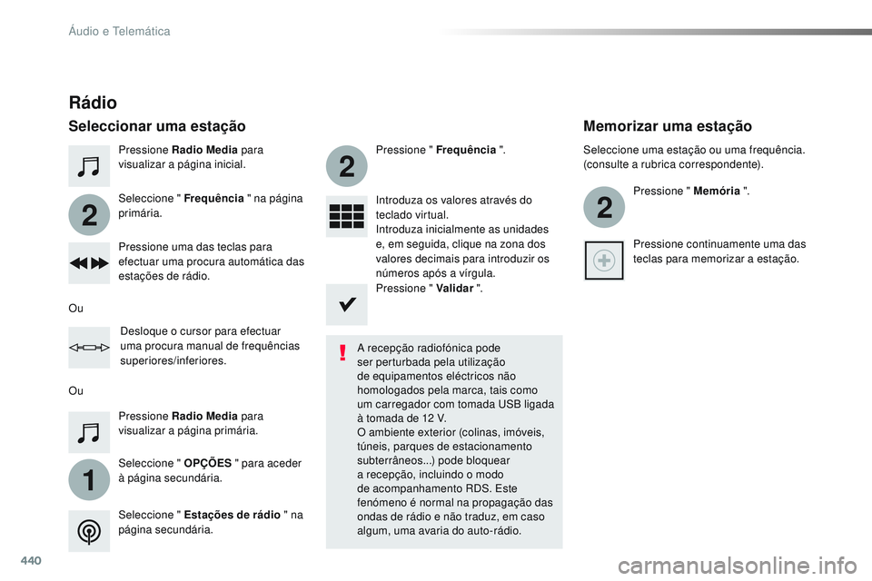 CITROEN JUMPER SPACETOURER 2017 Manual do condutor (in Portuguese) 440
1
2
2
2
Spacetourer-VP_pt_Chap10c_RCC-1_ed01-2016
Pressione Radio Media para
visualizar a página inicial.
Seleccione " OPÇÕES " para aceder
à página secundária. Seleccione " F CITROEN JUMPER SPACETOURER 2017 Manual do condutor (in Portuguese) 440
1
2
2
2
Spacetourer-VP_pt_Chap10c_RCC-1_ed01-2016
Pressione Radio Media para
visualizar a página inicial.
Seleccione " OPÇÕES " para aceder
à página secundária. Seleccione " F