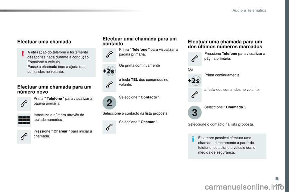 CITROEN JUMPER SPACETOURER 2017 Manual do condutor (in Portuguese) 455
2
3
Spacetourer-VP_pt_Chap10c_RCC-1_ed01-2016
a tecla dos comandos no volante.
A utilização do telefone é fortemente
desaconselhada durante a condução.
Estacione o veículo.
Passe a chamada CITROEN JUMPER SPACETOURER 2017 Manual do condutor (in Portuguese) 455
2
3
Spacetourer-VP_pt_Chap10c_RCC-1_ed01-2016
a tecla dos comandos no volante.
A utilização do telefone é fortemente
desaconselhada durante a condução.
Estacione o veículo.
Passe a chamada