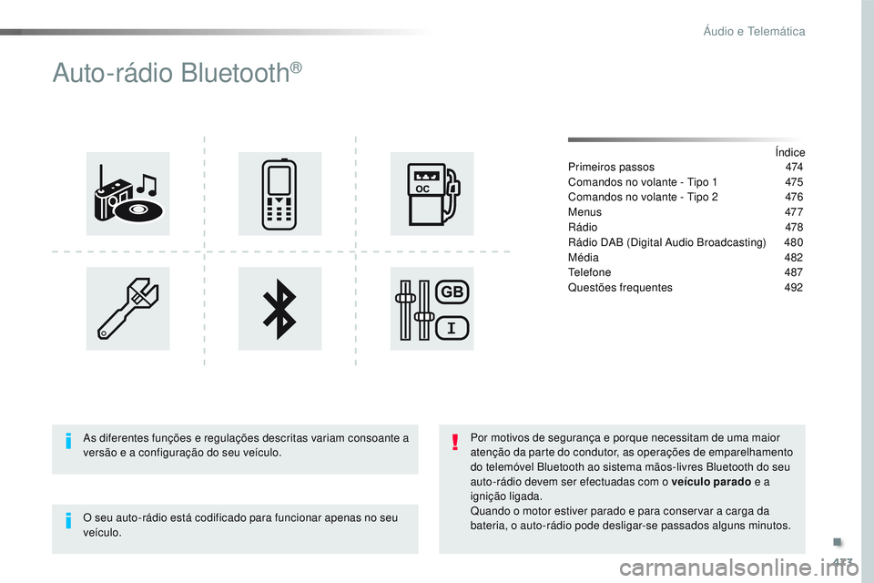 CITROEN JUMPER SPACETOURER 2017 Manual do condutor (in Portuguese) 473
Spacetourer-VP_pt_Chap10d_RD6_ed01-2016
Auto-rádio Bluetooth®
Índice
Primeiros passos 4 74
Comandos no volante - Tipo 1
4
75
Comandos no volante - Tipo 2
4
76
Menus
47
7
Rádio
478
R CITROEN JUMPER SPACETOURER 2017 Manual do condutor (in Portuguese) 473
Spacetourer-VP_pt_Chap10d_RD6_ed01-2016
Auto-rádio Bluetooth®
Índice
Primeiros passos 4 74
Comandos no volante - Tipo 1
4
75
Comandos no volante - Tipo 2
4
76
Menus
47
7
Rádio
478
R