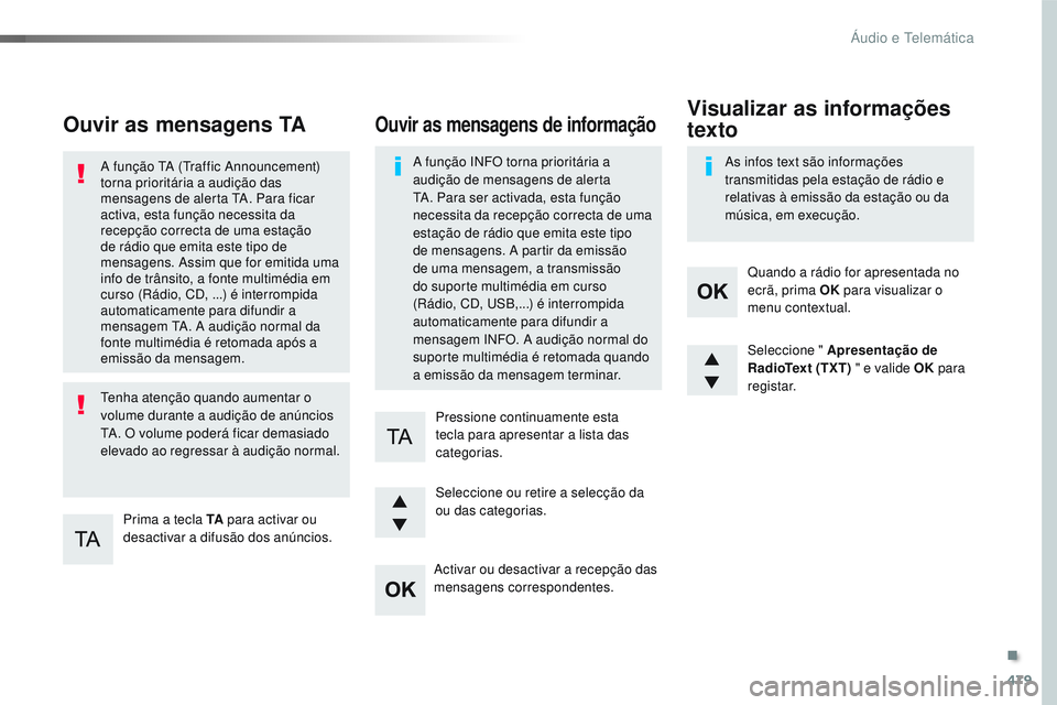 CITROEN JUMPER SPACETOURER 2017 Manual do condutor (in Portuguese) 479
Spacetourer-VP_pt_Chap10d_RD6_ed01-2016
Ouvir as mensagens TA
Prima a tecla TA para activar ou
desactivar a difusão dos anúncios.
A função TA (Traffic Announcement)
torna prioritária a audi CITROEN JUMPER SPACETOURER 2017 Manual do condutor (in Portuguese) 479
Spacetourer-VP_pt_Chap10d_RD6_ed01-2016
Ouvir as mensagens TA
Prima a tecla TA para activar ou
desactivar a difusão dos anúncios.
A função TA (Traffic Announcement)
torna prioritária a audi