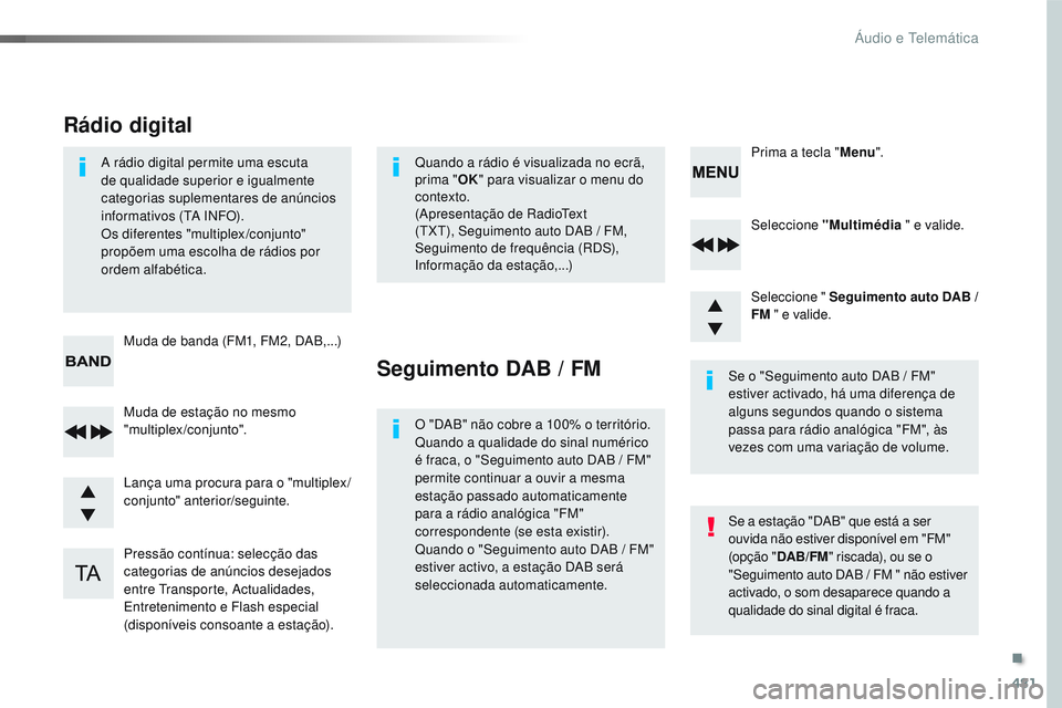 CITROEN JUMPER SPACETOURER 2017 Manual do condutor (in Portuguese) 481
Spacetourer-VP_pt_Chap10d_RD6_ed01-2016
Seleccione "Multimédia " e valide.
Seleccione " Seguimento auto DAB /
FM " e valide.
Pressão contínua: selecção das
categorias de an CITROEN JUMPER SPACETOURER 2017 Manual do condutor (in Portuguese) 481
Spacetourer-VP_pt_Chap10d_RD6_ed01-2016
Seleccione "Multimédia " e valide.
Seleccione " Seguimento auto DAB /
FM " e valide.
Pressão contínua: selecção das
categorias de an