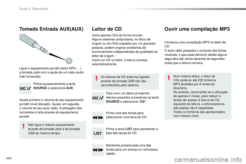 CITROEN JUMPER SPACETOURER 2017 Manual do condutor (in Portuguese) 484
Tomada Entrada AUX(AUX)
Ligue o equipamento portátil (leitor MP3, …)
à tomada Jack com a ajuda de um cabo áudio
(não fornecido).Prima sucessivamente a tecla
SOURCE e seleccione AUX .
Ajus CITROEN JUMPER SPACETOURER 2017 Manual do condutor (in Portuguese) 484
Tomada Entrada AUX(AUX)
Ligue o equipamento portátil (leitor MP3, …)
à tomada Jack com a ajuda de um cabo áudio
(não fornecido).Prima sucessivamente a tecla
SOURCE e seleccione AUX .
Ajus