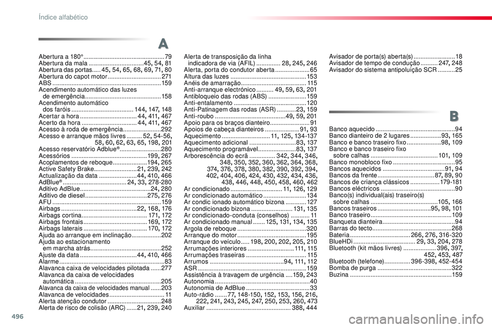 CITROEN JUMPER SPACETOURER 2017 Manual do condutor (in Portuguese) 496
Spacetourer-VP_pt_Chap11_index-alpha_ed01-2016
Abertura a 180° ...............................................79
A bertura da mala ................................ 45,
54, 81
Abertura das porta CITROEN JUMPER SPACETOURER 2017 Manual do condutor (in Portuguese) 496
Spacetourer-VP_pt_Chap11_index-alpha_ed01-2016
Abertura a 180° ...............................................79
A bertura da mala ................................ 45,
54, 81
Abertura das porta