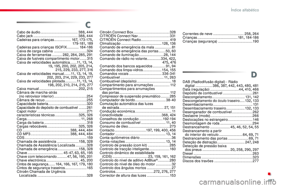 CITROEN JUMPER SPACETOURER 2017 Manual do condutor (in Portuguese) 497
Spacetourer-VP_pt_Chap11_index-alpha_ed01-2016
C
D
Cabo de áudio ......................................388, 444
Cabo jack ............................................. 388, 444
Cadeiras para cr CITROEN JUMPER SPACETOURER 2017 Manual do condutor (in Portuguese) 497
Spacetourer-VP_pt_Chap11_index-alpha_ed01-2016
C
D
Cabo de áudio ......................................388, 444
Cabo jack ............................................. 388, 444
Cadeiras para cr