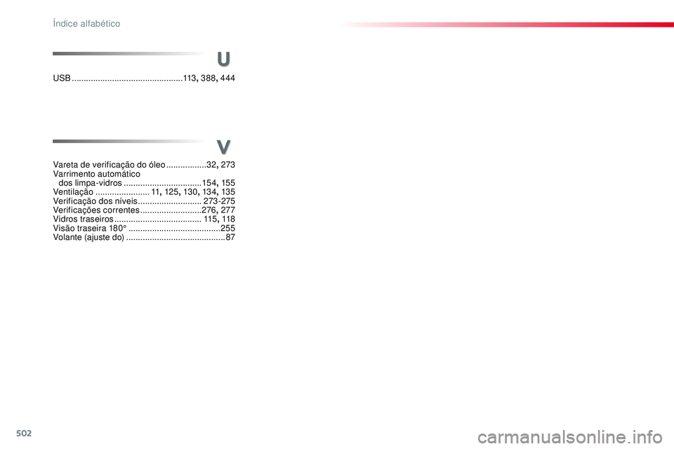 CITROEN JUMPER SPACETOURER 2017 Manual do condutor (in Portuguese) 502
Spacetourer-VP_pt_Chap11_index-alpha_ed01-2016
V
Vareta de verificação do óleo .................32, 273
Varrimento automático dos limpa-vidros
................................. 15 4, 155 CITROEN JUMPER SPACETOURER 2017 Manual do condutor (in Portuguese) 502
Spacetourer-VP_pt_Chap11_index-alpha_ed01-2016
V
Vareta de verificação do óleo .................32, 273
Varrimento automático dos limpa-vidros
................................. 15 4, 155