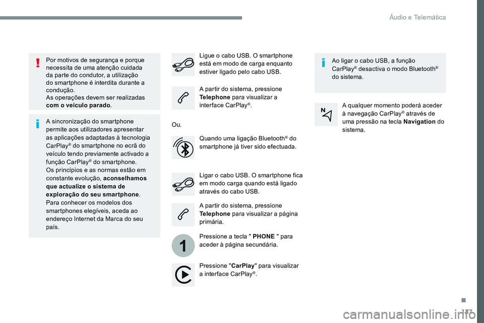 CITROEN JUMPER SPACETOURER 2017  Manual do condutor (in Portuguese) 127
1
Transversal-Citroen_pt_Chap02_RCC-2-2-0_ed01-2016
Por motivos de segurança e porque 
necessita de uma atenção cuidada 
da parte do condutor, a utilização 
do smartphone é interdita durante