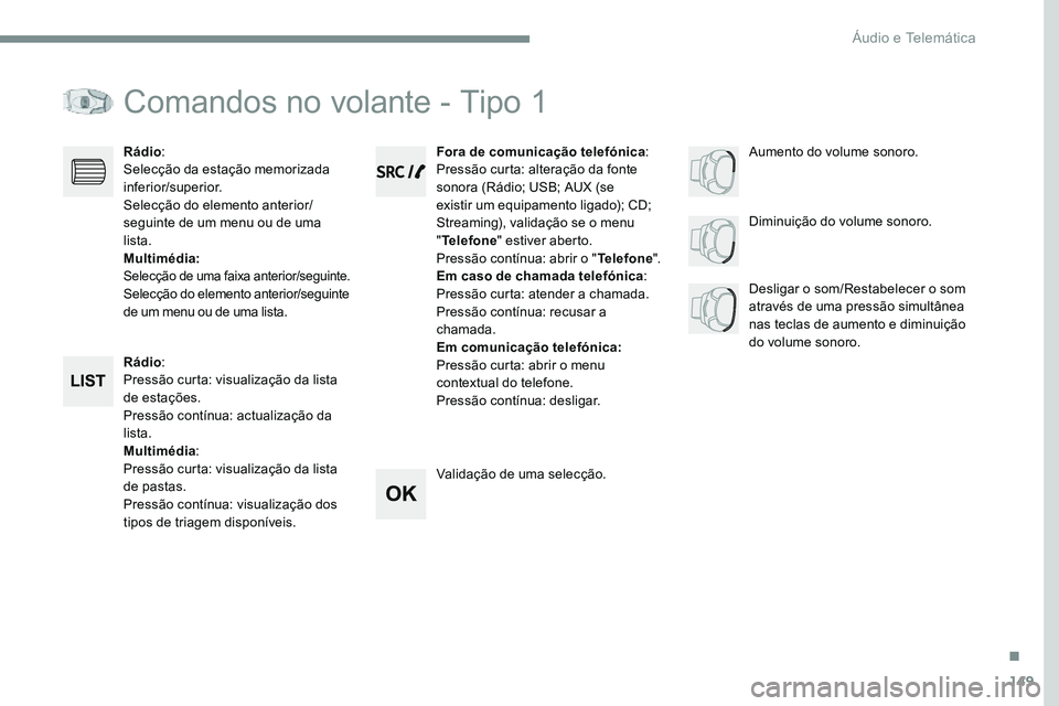 CITROEN JUMPER SPACETOURER 2017  Manual do condutor (in Portuguese) 149
Transversal-Citroen_pt_Chap03_RD6_ed01-2016
Comandos no volante - Tipo 1
Rádio:
Pressão curta: visualização da lista 
de estações.
Pressão contínua: actualização da 
lista.
Multimédia :