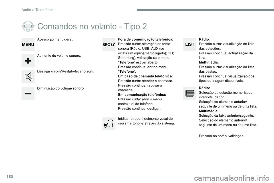 CITROEN JUMPER SPACETOURER 2017  Manual do condutor (in Portuguese) 150
Comandos no volante - Tipo 2
Diminuição do volume sonoro. Desligar o som/Restabelecer o som.Fora de comunicação telefónica
:
Pressão curta: alteração da fonte 
sonora (Rádio; USB; AUX (se