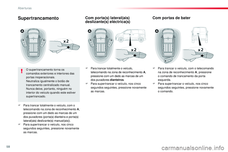 CITROEN JUMPER SPACETOURER 2017 Manual do condutor (in Portuguese) 58
Spacetourer-VP_pt_Chap02_ouvertures_ed01-2016
Supertrancamento
O supertrancamento torna os
comandos exteriores e interiores das
portas inoperacionais.
Neutraliza igualmente o botão de
trancamen CITROEN JUMPER SPACETOURER 2017 Manual do condutor (in Portuguese) 58
Spacetourer-VP_pt_Chap02_ouvertures_ed01-2016
Supertrancamento
O supertrancamento torna os
comandos exteriores e interiores das
portas inoperacionais.
Neutraliza igualmente o botão de
trancamen