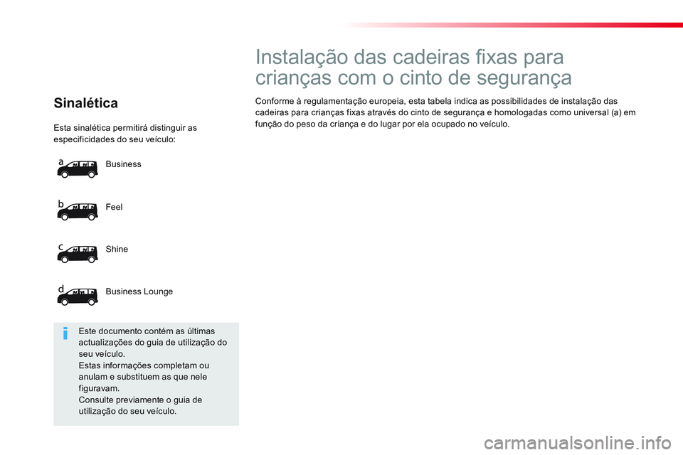 CITROEN JUMPER SPACETOURER 2017  Manual do condutor (in Portuguese)   Esta sinalética permitirá distinguir as 
especificidades do seu veículo: 
  Feel 
  Shine 
  Business Lounge    Business 
 
 
Sinalética  
 
 
 
 
 
 
 
 
 
 
 
Instalação das cadeiras ﬁ xas