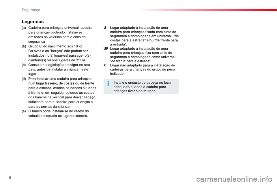 CITROEN JUMPER SPACETOURER 2017  Manual do condutor (in Portuguese) 6
Segurança
   
 
 
 
 
 
 
 
Legendas  
 
 
(a)  Cadeira para crianças universal: cadeira 
para crianças podendo instalar-se 
em todos os veículos com o cinto de 
segurança 
  (b)  Grupo 0: do n