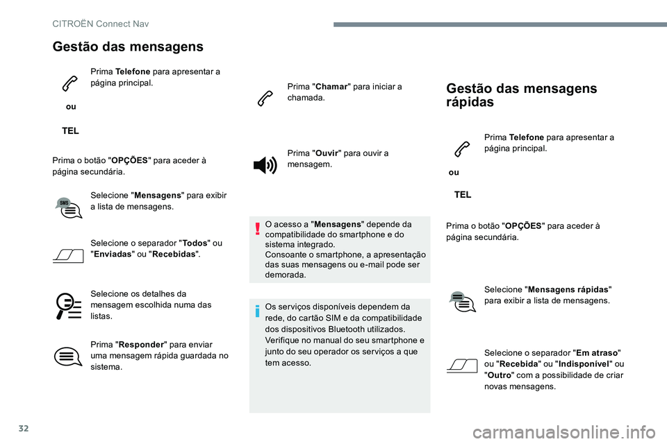 CITROEN JUMPER SPACETOURER 2017  Manual do condutor (in Portuguese) 32
Gestão das mensagens
 ou Prima Telefone
 para apresentar a 
página principal.
Prima o botão " OPÇÕES" para aceder à 
página secundária.
Selecione " Mensagens " para exibir 
