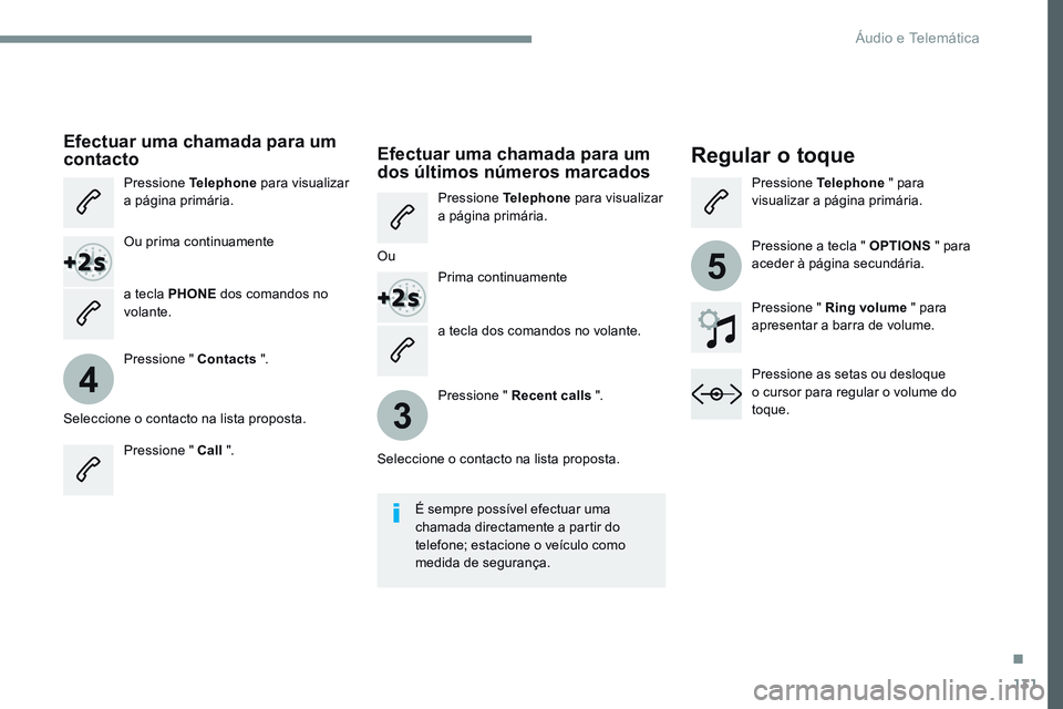 CITROEN JUMPER SPACETOURER 2017 Manual do condutor (in Portuguese) 131
4
3
5
Transversal-Citroen_pt_Chap02_RCC-2-2-0_ed01-2016
a tecla dos comandos no volante.
Efectuar uma chamada para um
contactoRegular o toque
Pressione Telephone para visualizar
a página primá CITROEN JUMPER SPACETOURER 2017 Manual do condutor (in Portuguese) 131
4
3
5
Transversal-Citroen_pt_Chap02_RCC-2-2-0_ed01-2016
a tecla dos comandos no volante.
Efectuar uma chamada para um
contactoRegular o toque
Pressione Telephone para visualizar
a página primá