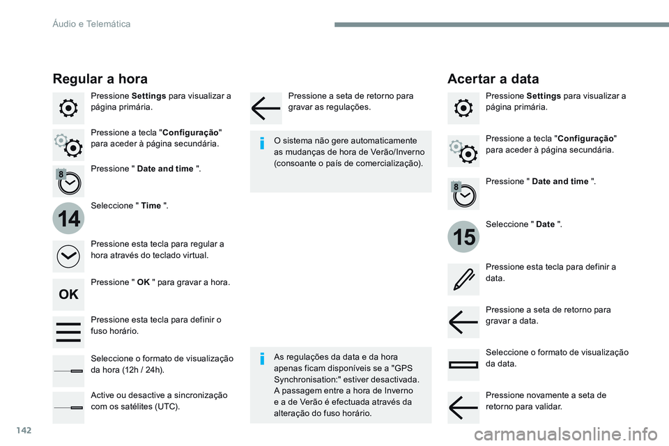 CITROEN JUMPER SPACETOURER 2017  Manual do condutor (in Portuguese) 142
15
14
Transversal-Citroen_pt_Chap02_RCC-2-2-0_ed01-2016
Pressione Settings para visualizar a 
página primária.
Seleccione " Date ".
Seleccione " Time
 ".
Pressione " Date and