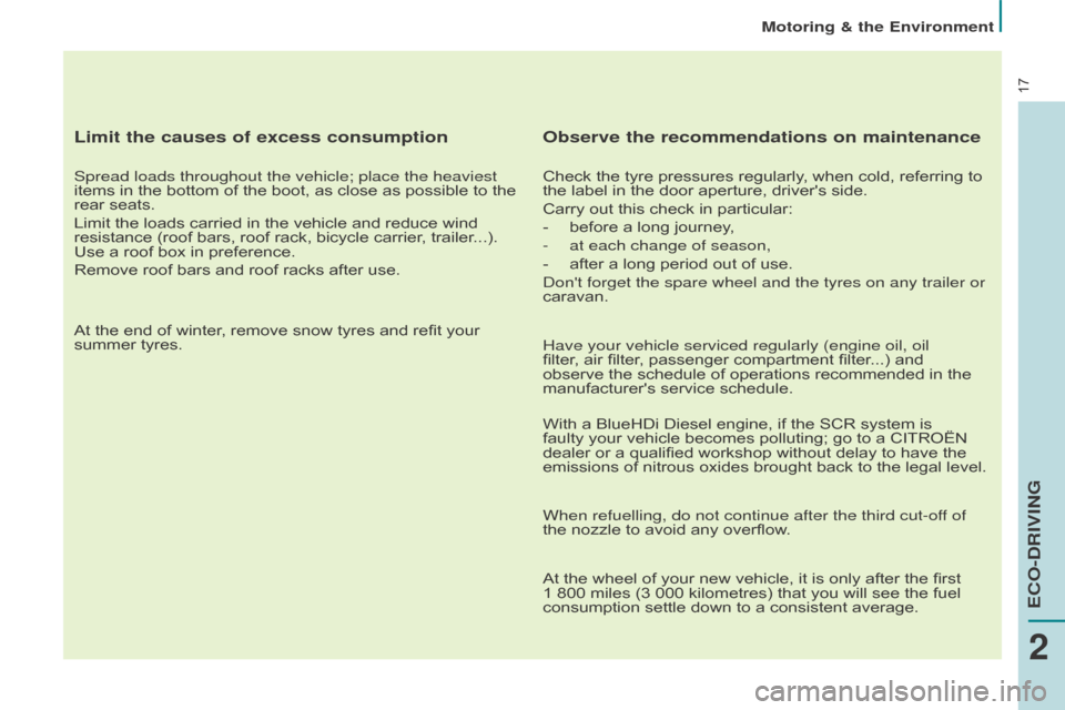 Citroen BERLINGO MULTISPACE RHD 2015.5 2.G Owners Manual 17
Motoring & the Environment
Berlingo-2-VP_en_Chap02_eco-conduite_ed02-2015
Limit the causes of excess consumption
Spread loads throughout the vehicle; place the heaviest 
items  in   the   bottom