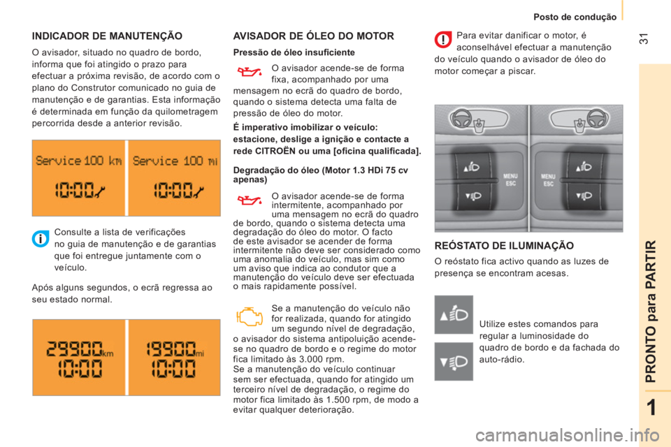 CITROEN NEMO 2014 Manual do condutor (in Portuguese) 31
1
PRONTO para PARTIR
Posto de condução
INDICADOR DE MANUTENÇÃO
AVISADOR DE ÓLEO DO MOTOR
REÓSTATO DE ILUMINAÇÃO
O reóstato fica activo quando as luzes de
presença CITROEN NEMO 2014 Manual do condutor (in Portuguese) 31
1
PRONTO para PARTIR
Posto de condução
INDICADOR DE MANUTENÇÃO
AVISADOR DE ÓLEO DO MOTOR
REÓSTATO DE ILUMINAÇÃO
O reóstato fica activo quando as luzes de
presença