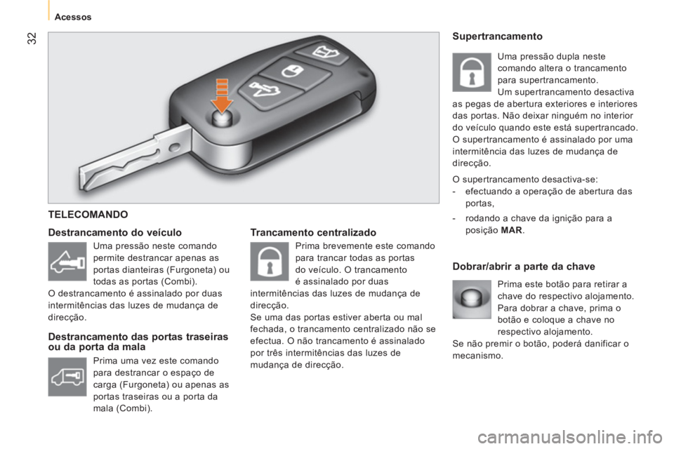 CITROEN NEMO 2014 Manual do condutor (in Portuguese) 32
Acessos
Trancamento centralizado
Dobrar/abrir a parte da chave
Destrancamento do veículo
Destrancamento das portas traseiras
ou da porta da mala
Prima est CITROEN NEMO 2014 Manual do condutor (in Portuguese) 32
Acessos
Trancamento centralizado
Dobrar/abrir a parte da chave
Destrancamento do veículo
Destrancamento das portas traseiras
ou da porta da mala
Prima est