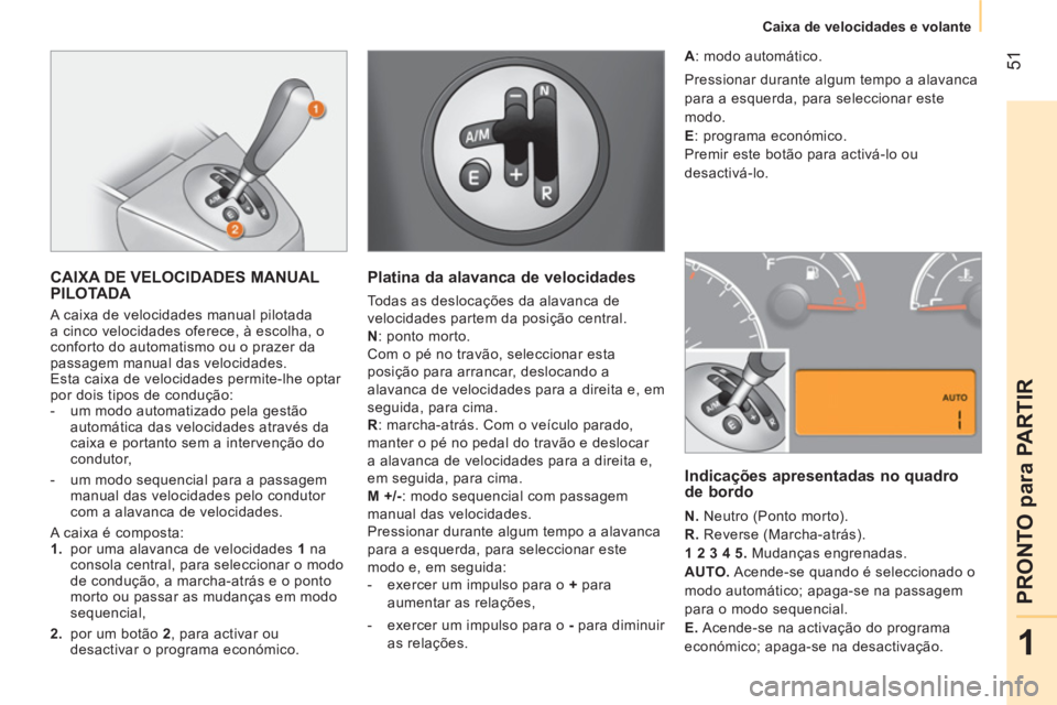 CITROEN NEMO 2014 Manual do condutor (in Portuguese) 51
1
PRONTO para PARTIR
Caixa de velocidades e volante
CAIXA DE VELOCIDADES MANUAL
PILOTADA
A caixa de velocidades manual pilotada
a cinco velocidades oferece, à escolha, o
con CITROEN NEMO 2014 Manual do condutor (in Portuguese) 51
1
PRONTO para PARTIR
Caixa de velocidades e volante
CAIXA DE VELOCIDADES MANUAL
PILOTADA
A caixa de velocidades manual pilotada
a cinco velocidades oferece, à escolha, o
con