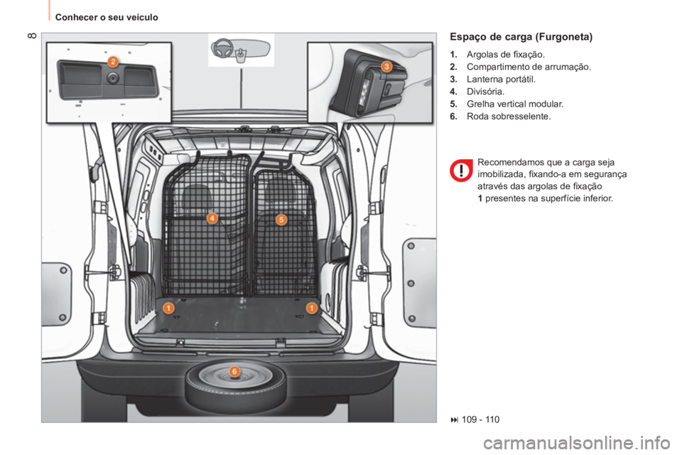 CITROEN NEMO 2014  Manual do condutor (in Portuguese)  8
 
Conhecer o seu veículo 
 
Espaço de carga (Furgoneta) 
 
 
 
1. 
 Argolas de ﬁ xação. 
   
2. 
  Compartimento de arrumação. 
   
3. 
 Lanterna portátil. 
   
4. 
 Divisória. 
   
5. 
 